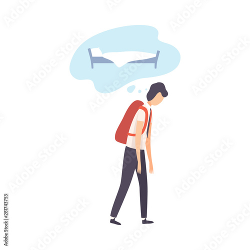Stressed Sleepy Teenage Guy Dreaming of Sleep Vector Illustration