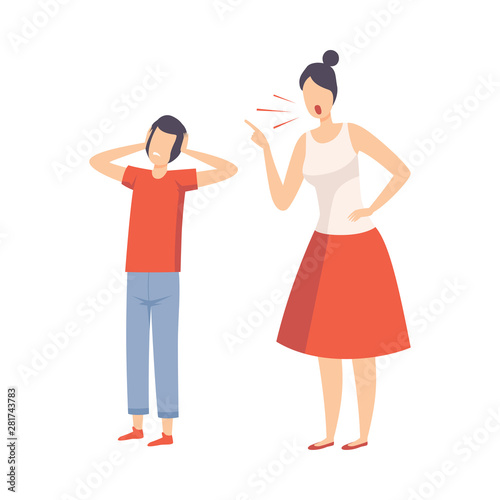 Mother Scolding Her Teenager Boy, Conflict with Parents Vector Illustration