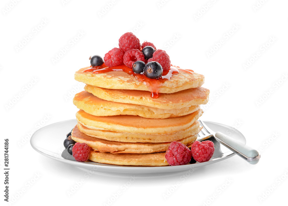 Plate with tasty pancakes and berries on white background Plate with tasty pancakes and berries on white background