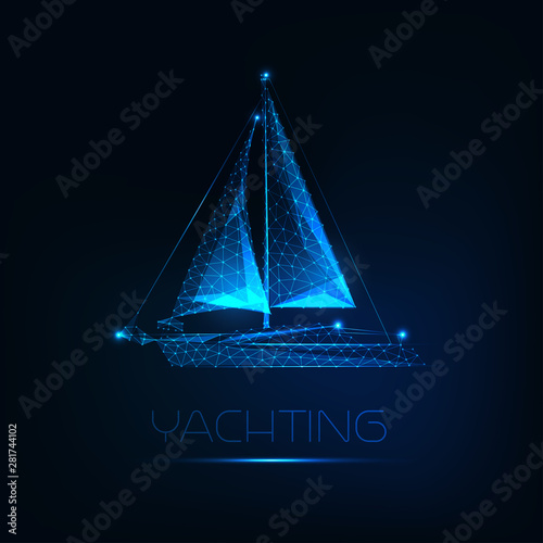 Futuristic glowing low polygonal yacht boat isolated on dark blue background. photo