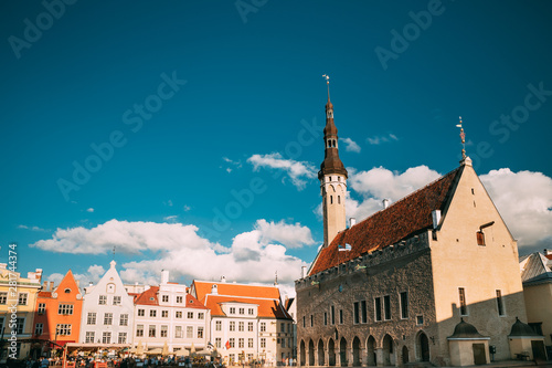 Tallinn, Estonia. Famous Old Traditional Town Hall Square In Sunny Summer Evening. Famous Landmark And Popular Place. Destination Scenic