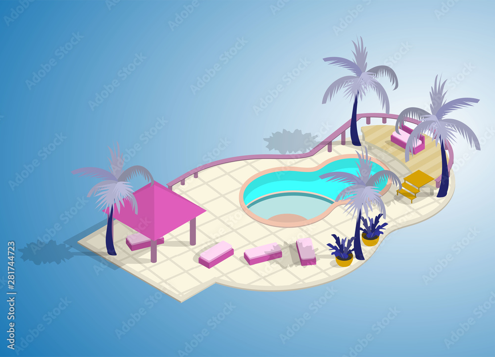 Resort with outdoor pool. With palms and loungers. Isometric style