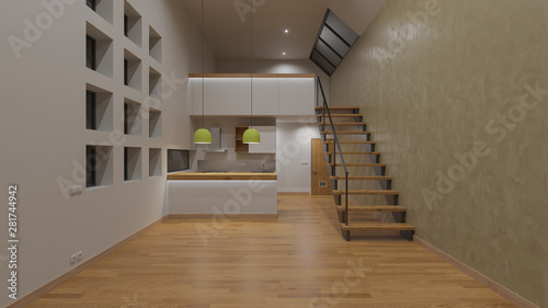 Empty Open Plan House with a Mezzanine Floor at Night 3D Rendering © beysim