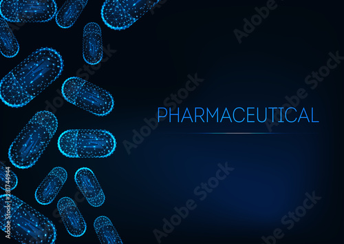 Futuristic medicine concept with glowing low polygonal capsule pills on dark blue background.