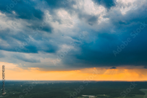 Aerial View. Sunset Sky Above Green Forest Landscape In Sunny Evening. Top View Of European Nature From High Attitude In Summer Sunrise. Bird's Eye View. Belarus
