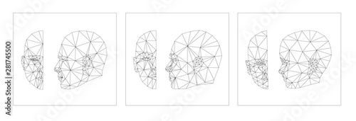 Face Recognition Biometric Scanning System Concept Abstract Low Polygon face: masculine, feminine and childish, full face and profile. Vector Illustration isolated on white