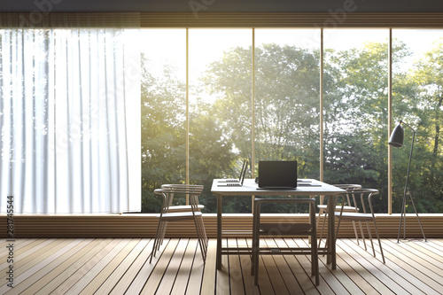3D Rendering : illustration of Modern working room with nature view. co-working space room with loft concrete style interior. large window looking to nature and forest with sunlight. white curtain.
