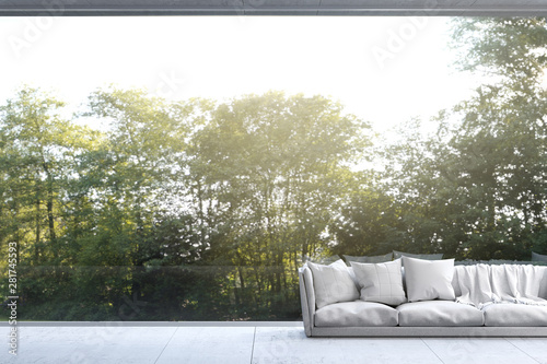 3D Rendering : illustration of soft couch sofa in wide window glass view living room interior. green forest garden view living room. modern loft room. rest area of family. sofa and pillow.