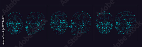 Face Recognition Biometric Scanning System Concept Abstract Tech background Low Polygon face: masculine, feminine and childish, full face and profile. Scanning Template Background Vector Illustration