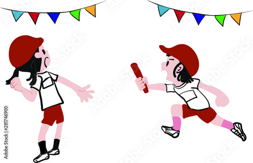 運動会　リレーのバトンを渡す女の子　イラスト