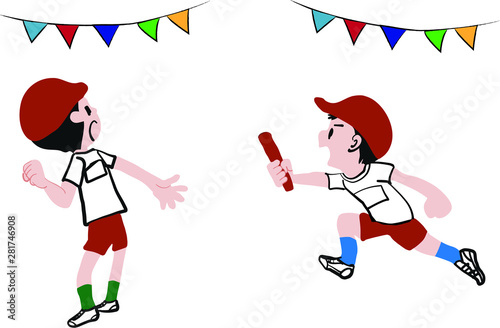運動会　リレーのバトンを渡す男の子　イラスト