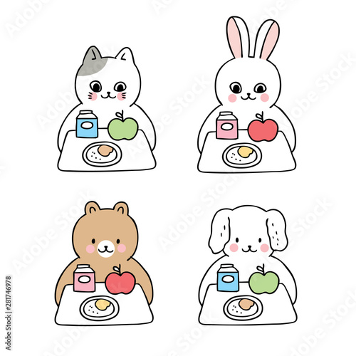 Cartoon cute back to school animals and lunch time vector.
