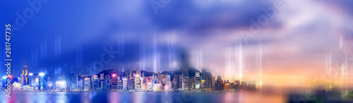 Abstract bokeh light with Hong Kong City night view background  Double Exposure