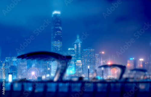 Abstract bokeh light with Hong Kong City night view background; Double Exposure