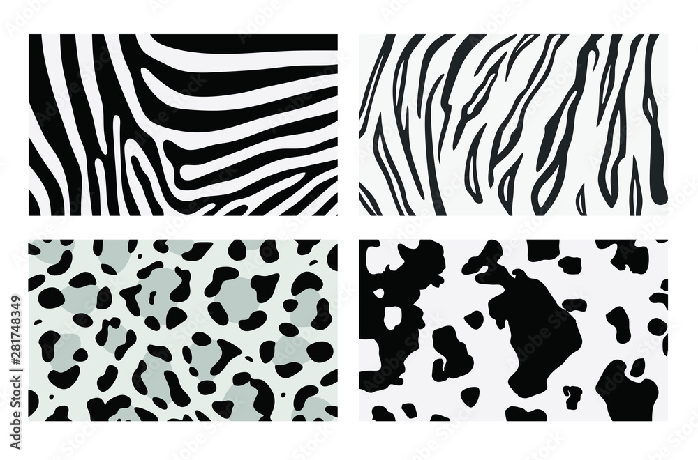 Animal print texture vector. Zebra, tiger, cow and leopard patterns ...