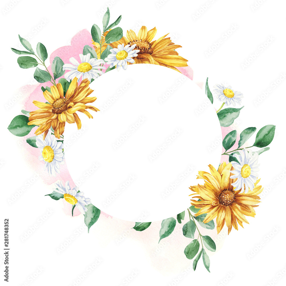 Beautiful floral hand drawn watercolor bouquet illustration, bunch of yellow flowers with daisies and eucalyptus isolated with empty white. Can be used for invitations or wedding design.
