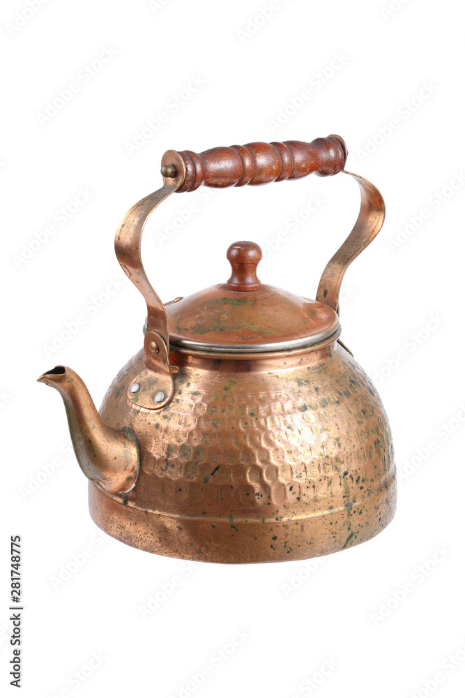 ancient copper moroccan tea pot on white background