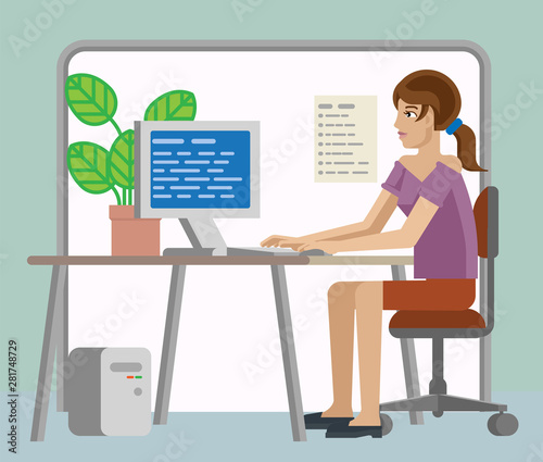 A young woman working in her business office interior with computer desk and chair. Flat modern style cartoon