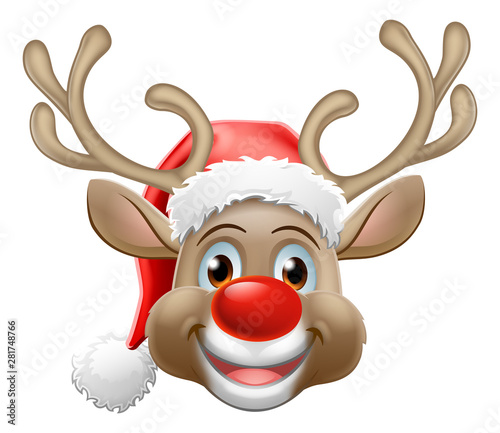 Obraz na płótnie Christmas reindeer red nosed deer cartoon character wearing a Santa Claus hat