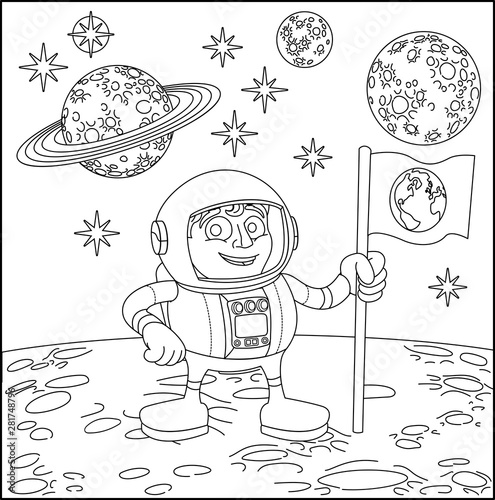 A space cartoon coloring scene background page with astronaut on moons surface and planets photo