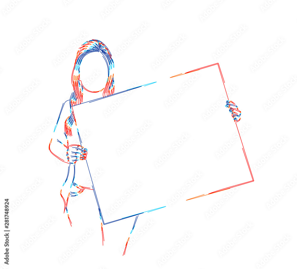 Girl holds a white sheet in hands, Flat Line Art Vector Design. Girl holds a white sheet in hands, Flat Line Art Vector Design.