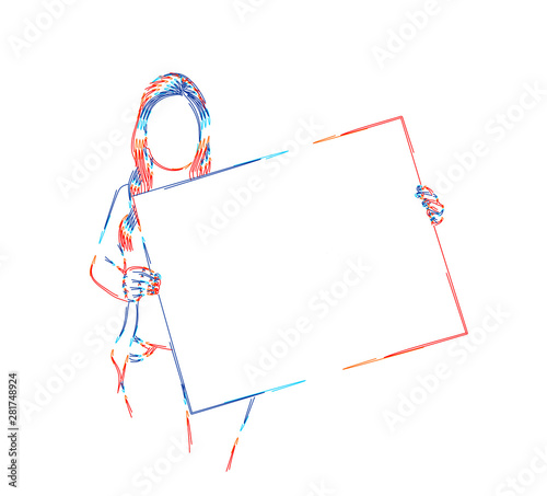 Girl holds a white sheet in hands, Flat Line Art Vector Design.