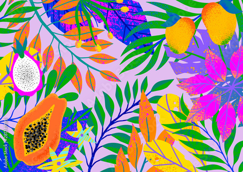 Universal vector illustration with tropical leaves,exotic fruits and flowers.Multicolor plants with hand drawn texture.Artistic background perfect for prints,flyers,banners,invitations,social media.