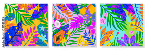 Set of summer vector illustration with bright tropical leaves,flowers and exotic fruits.Multicolor plants.Tropical backgrounds perfect for prints,flyers,banners,invitations,social media.