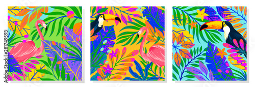 Set of summer vector illustrations with tropical leaves,toucans and flamingo.Multicolor plants with hand drawn texture.Exotic backgrounds perfect for prints,flyers,banners,invitations,social media