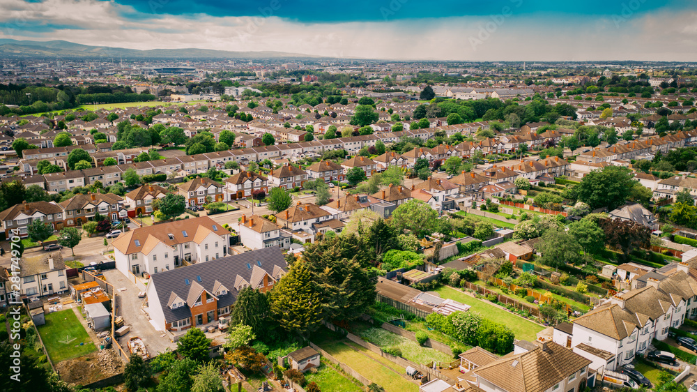 Dublin aerial view of Beaumont village. Irish drone cityscape