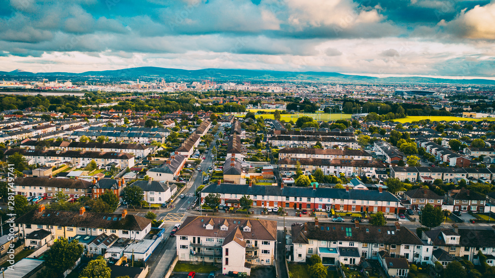 Dublin aerial view of Beaumont village. Irish drone cityscape.