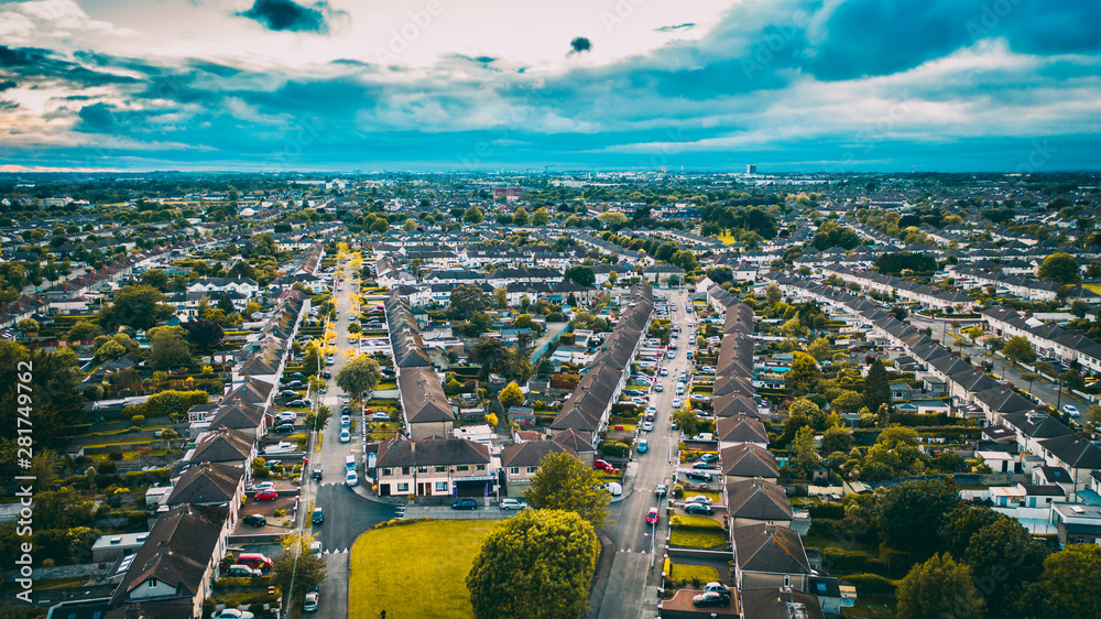 Fototapeta premium Dublin aerial view of Beaumont village. Irish drone cityscape.