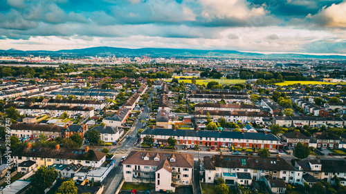 Dublin aerial view of Beaumont village. Irish drone cityscape.