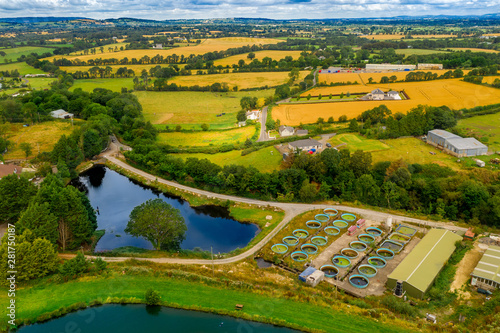 Top aerial view fishing lake in Carlow county, Ireland
