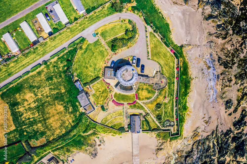 Aerial top down view lighthouse Donabate coastline, Dublin county, Ireland