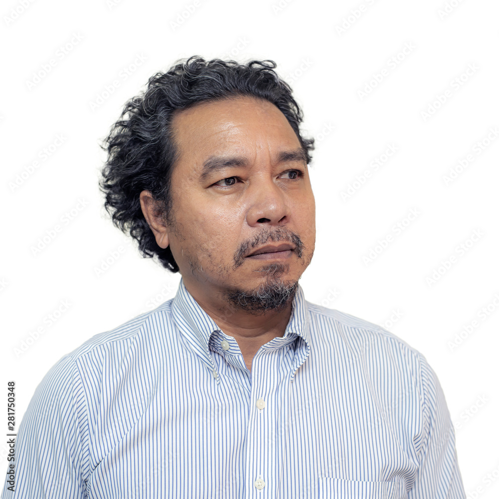 Fototapeta premium Asias man thinking looking in side over white background.