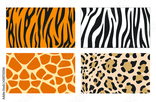 Zebra, giraffe and leopard patterns. Vector tiger stripes and jaguar spots fur, giraffe and zebra seamless skin prints