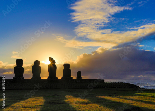 Moai on Easter Island at Ahu Akivi at Sunset. photo