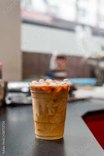 ice latte coffee in plastic glass
