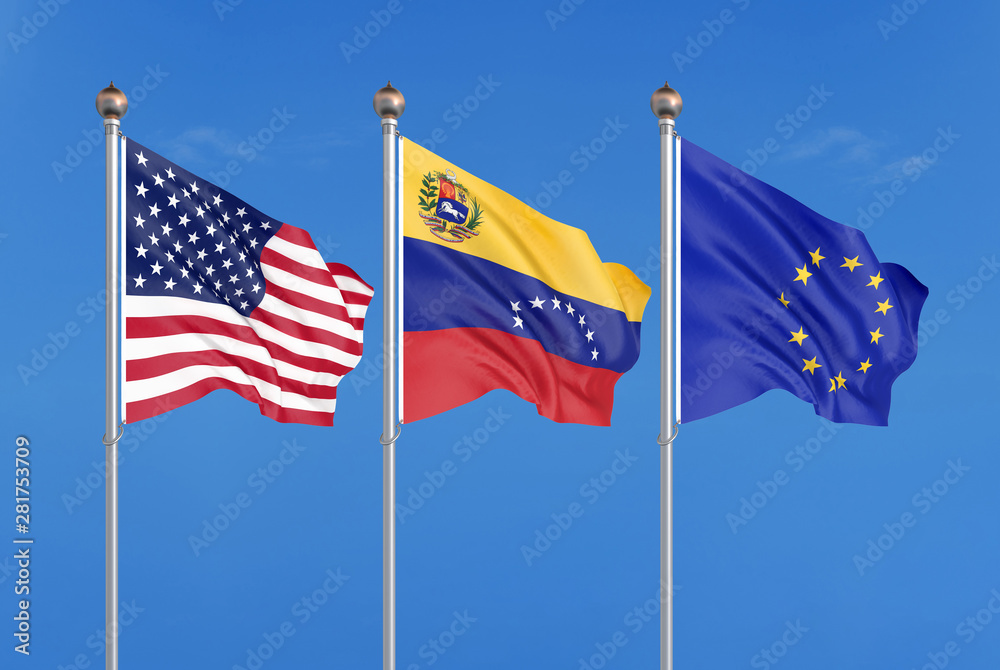 Three colored silky flags in the wind: USA (United States of America), EU (European Union) and Venezuela. 3D illustration. Three colored silky flags in the wind: USA (United States of America), EU (European Union) and Venezuela. 3D illustration.