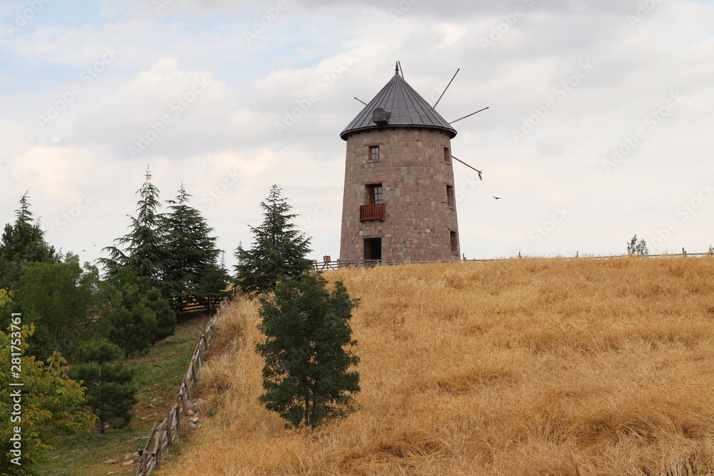 Fototapeta premium Old Wooden Windmill in the Field with Sky Background