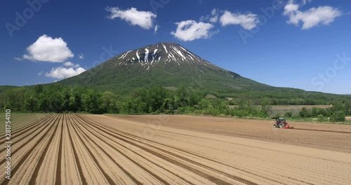 Fields and tractor with mountain in background photo