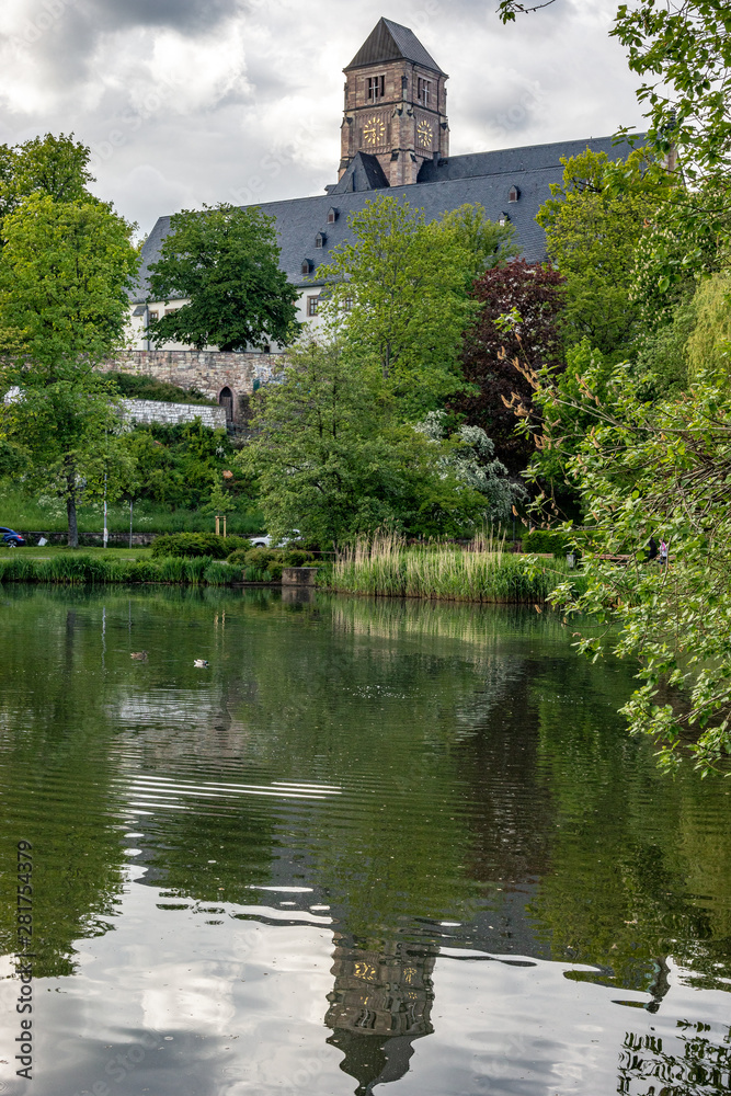 Castle pond with church of Chemnitz Castle pond with church of Chemnitz