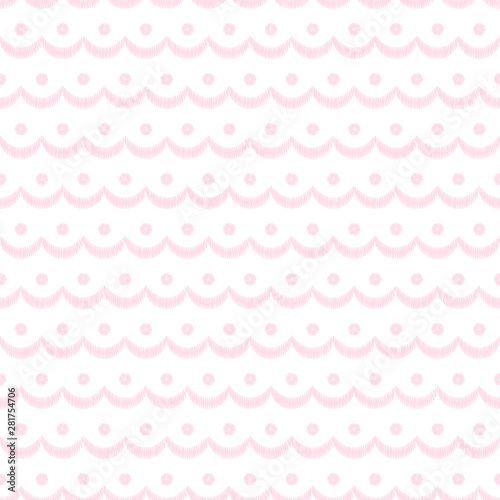Pink and white scalloped lacy edge embroidery, seamless pattern, vector