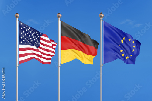 Three colored silky flags in the wind: USA (United States of America), EU (European Union) and Germany. 3D illustration.