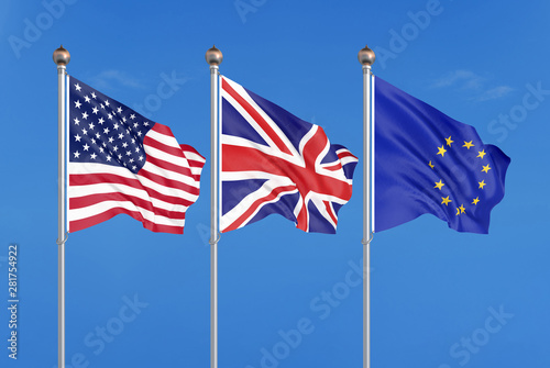 Three colored silky flags in the wind: USA (United States of America), EU (European Union) and United Kingdom. 3D illustration. photo