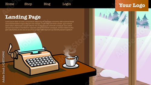 landing page with illustration of type writing machine in the house