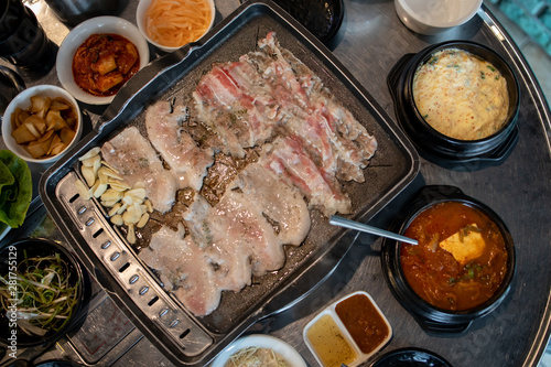 Korean style pork barbeque Samgyeopsal with side dish