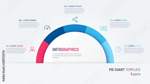 Vector pie chart infographic template in the form of semicircle divided by five parts