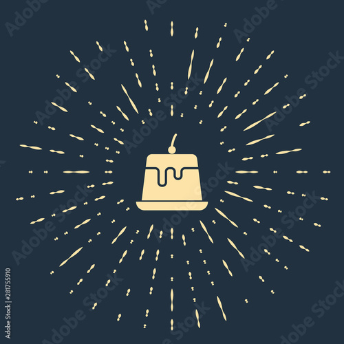 Beige Pudding custard with caramel glaze icon isolated on dark blue background. Abstract circle random dots. Vector Illustration